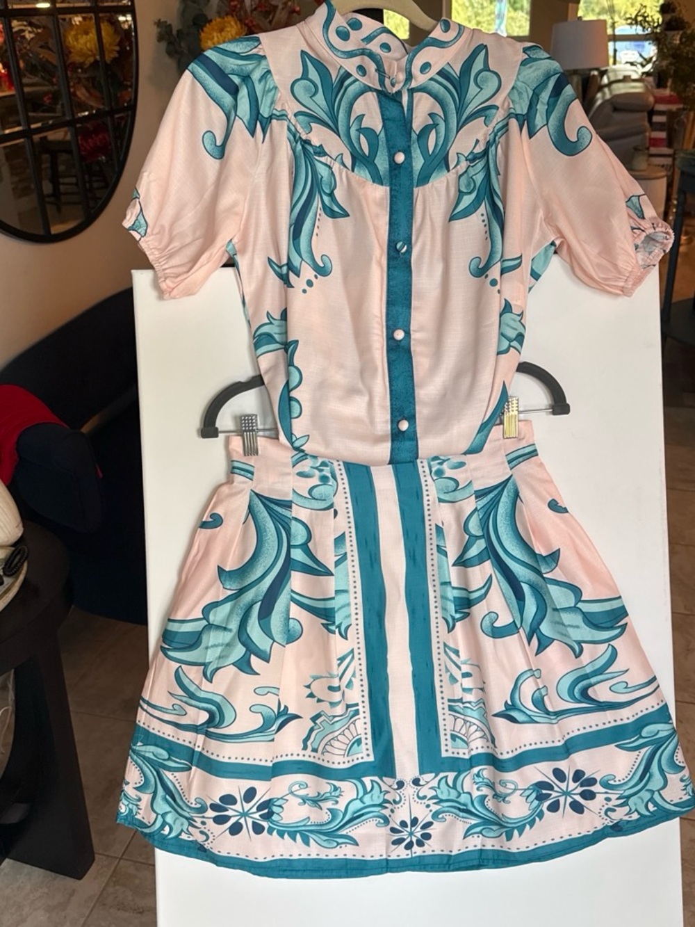 Halfhearted-Pink & Teal Patterned Women's Top & Skirts set